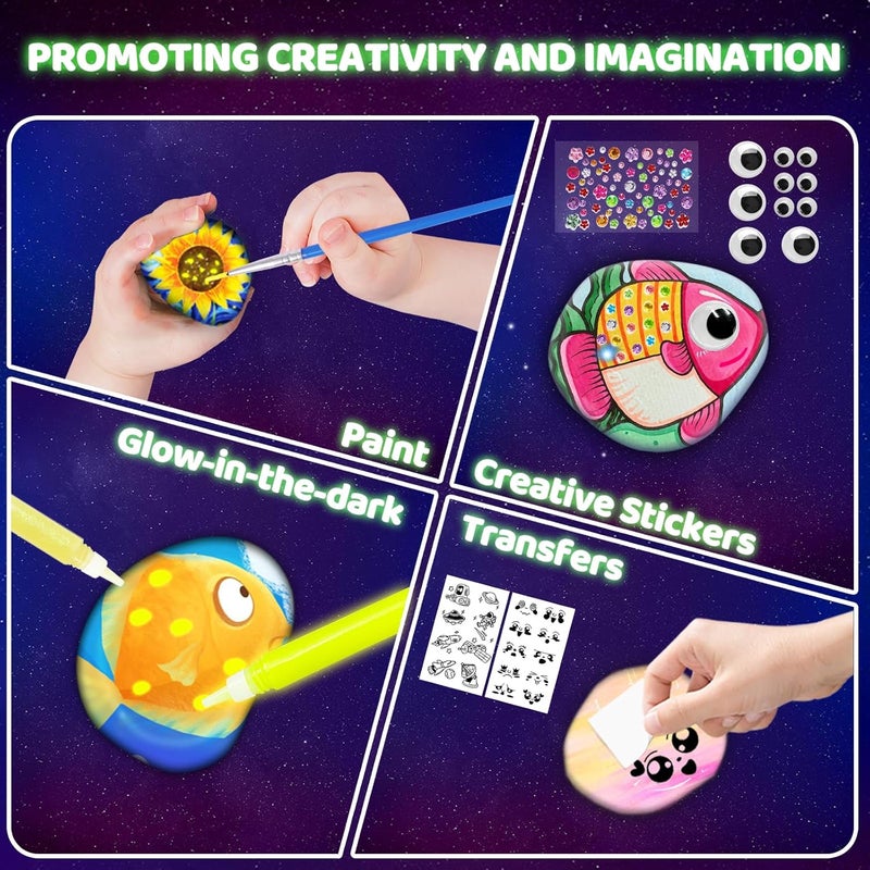 MindPal Kids Rock Painting Kit, 14 Pebbles for Painting - Glow in The Dark Rock Kit - Arts and Crafts for Kids Ages 6-12, Birthday Christmas Gift for Boys and Girls - Image 3